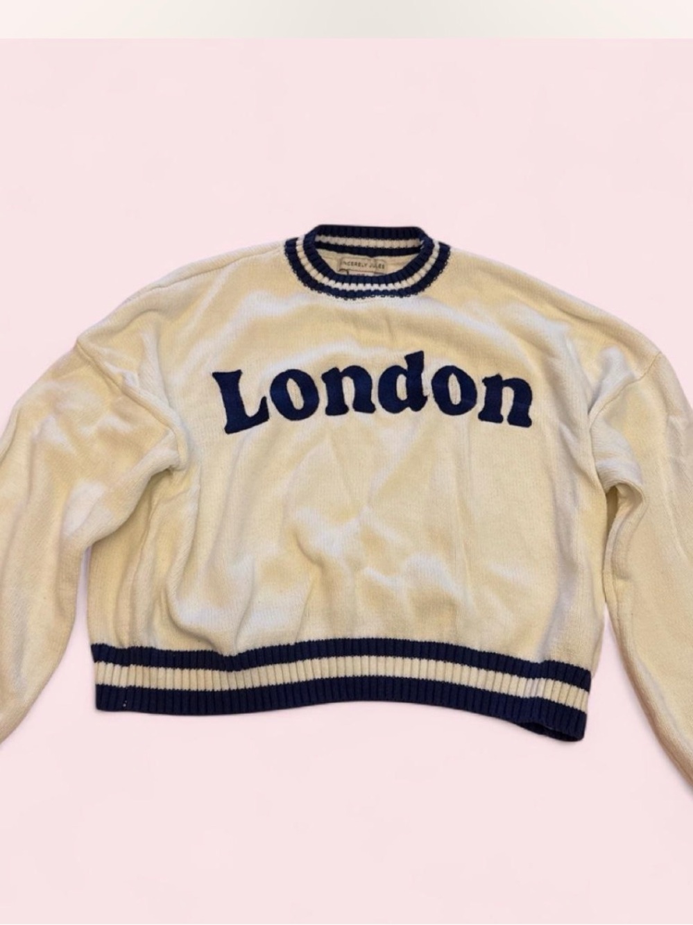 Sincerely Jules Cream London Crewneck Sweater with Navy Trim